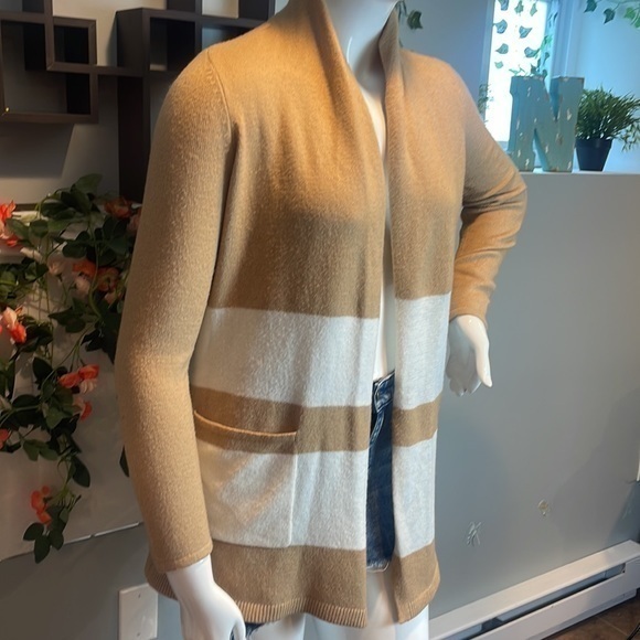 LOFT Tan & White‎ Striped Pocket Cardigan Sweater Womens Size M RefJ023 - Picture 5 of 11